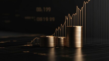 Poster - A Close-Up View of Stacked Gold Coins on a Financial Chart with Rising Graph Lines Depicting Economic Growth and Investment Opportunities in a Dark Setting