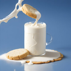 Flying milk splash with chocolate chip cookies, transparent background.
