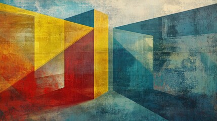 Poster - Abstract Composition of Geometric Shapes in Vibrant Hues Creating Depth and Texture, Ideal for Artistic Backgrounds and Modern Design Projects