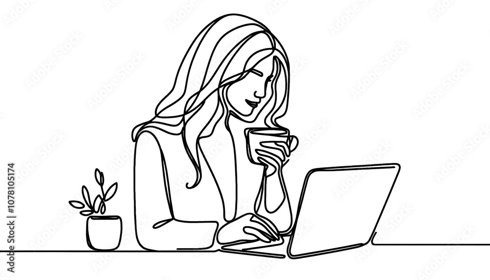 Simple one line drawing of girl with laptop . Transparent background ...