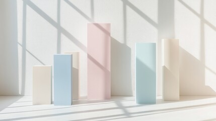 Aufkleber - Minimalist geometric shapes in soft pastel colors casting shadows on a white wall, creating a serene and modern atmosphere for artistic and design concepts.