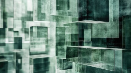 Poster - Abstract Geometric Design with Transparent Cubes and Layers Creating a Modern Visual Effect in Shades of Green and Gray Ideal for Backgrounds and Textures