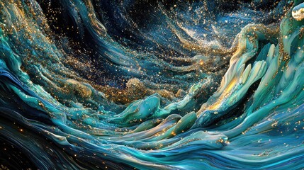 Poster - Vibrant Flowing Ocean Waves with Sparkling Accents and Abstract Swirls in Vivid Blue and Gold Hues, Capturing the Essence of Natural Movement and Energy
