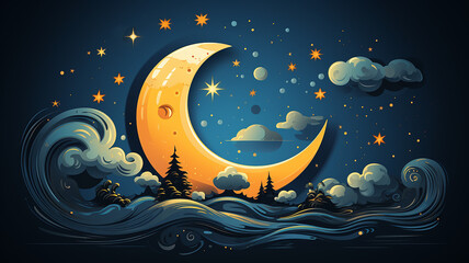 Wall Mural - cartoon crescent moon on a blue sky background, art character, good night children