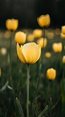 Wall Mural - A single yellow tulip stands out in a field of many, illuminated by the setting sun