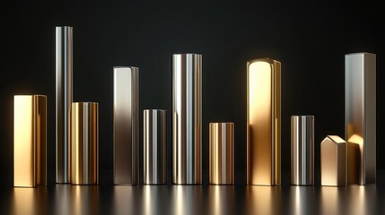 Poster - Metallic geometric shapes arranged artistically with reflection on a sleek surface, highlighting the interplay of light and texture in modern design aesthetics