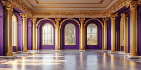 Poster - Empty grand hall with purple walls, gold trim, and arched windows.