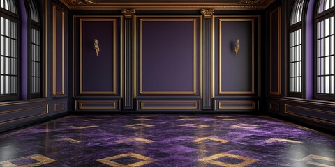 Poster - Empty room with purple walls and a marble floor in a classic design with gold trim.