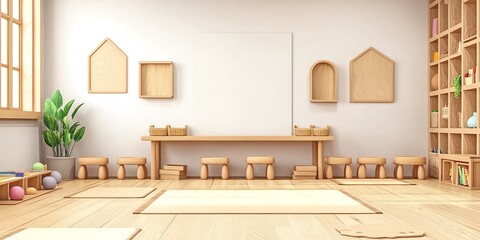 Poster - Empty wooden classroom with wooden floor, window, shelves, table, stools, and blank frame on the wall.