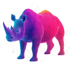 A vibrant, wireframe representation of a rhinoceros showcasing modern digital art techniques and creative design elements isolated on white background