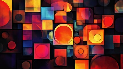 Poster - Vibrant Abstract Composition with Geometric Shapes and Vivid Colors Featuring Overlapping Circles and Squares on a Dark Background