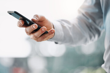 Poster - City, phone and hands of business person for communication, typing email and b2b networking. Professional, corporate and worker on smartphone for connection, online website and social media app