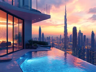 Aufkleber - Infinity pool on a penthouse balcony with a view of the Dubai skyline at sunset.