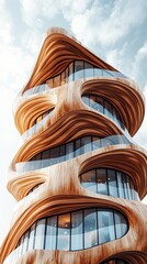 Poster - Low angle view of a modern wooden apartment building with curved balconies and large windows against a cloudy sky.