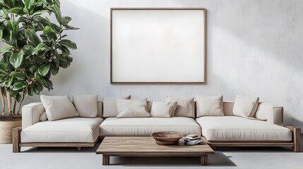 Wall Mural - Minimalist living room with a white sofa, wooden coffee table, and a blank frame on the wall.