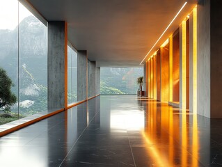 Poster - Modern hallway with large windows overlooking a mountain landscape.