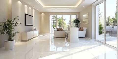 Aufkleber - Modern living room interior with white furniture, large windows and sliding doors that lead to the patio.