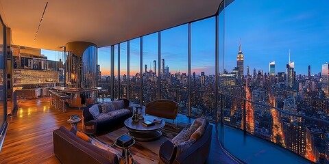 Aufkleber - Modern living room with city views and a spacious layout featuring sleek furniture and floor to ceiling windows.