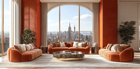 Aufkleber - Modern living room with large windows overlooking city skyline.