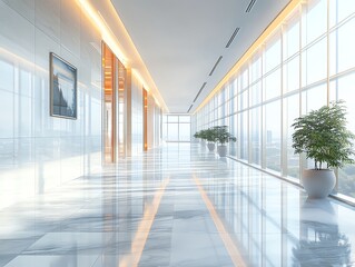 Aufkleber - Modern office hallway with large windows and plants, showcasing a bright and spacious design.