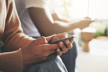 Aufkleber - app, hands and phone with couple in living room of home for communication or search closeup. network