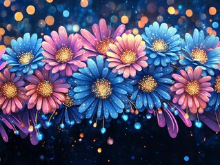 Poster - Pink and blue daisies with gold centers and glittering bokeh lights on a dark background.