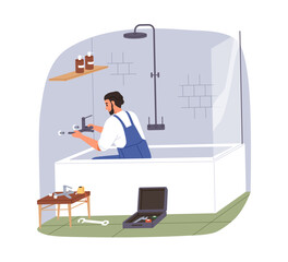Poster - Plumber working on faucet installation, adjusting plumbing fittings. Bathroom repair service. Professional worker installing tap in home washroom. Flat vector illustration isolated on white background