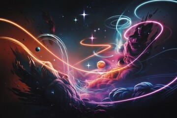 Wall Mural - an abstract cosmic scene featuring swirling neon light trails in vibrant colors of orange, pink, blu
