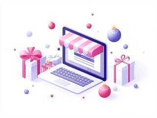 Poster - Christmas-themed online shopping concept, showing a laptop with a holiday sale website on the screen, surrounded by gift wrap and Christmas ornaments.