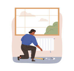 Poster - Radiator installation. Worker installing heating system, checking, fixing and repairing. Professional service, performing heater maintenance. Flat vector illustration isolated on white background