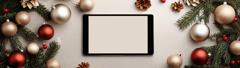 Poster - Online Christmas shopping concept with a tablet displaying a holiday sale page, surrounded by festive ornaments.