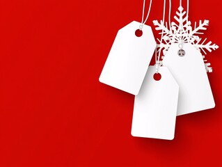 Poster - Promotional banner with a Christmas theme, featuring discount tags, snowflakes, and a red background perfect for seasonal advertising.
