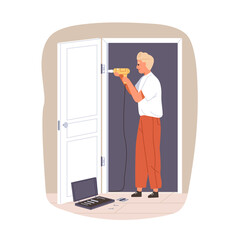 Poster - Door installation service. Worker assembling, installing, fixing new entrance with hinge and drill in home apartment. Professional worker. Flat vector illustration isolated on white background
