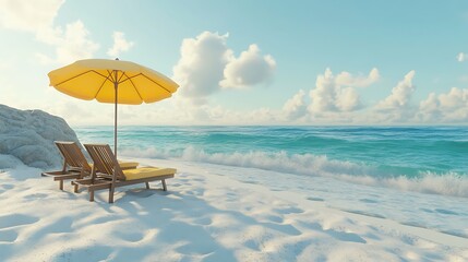 Canvas Print - A serene beach scene featuring lounge chairs under a yellow umbrella beside gentle ocean waves.