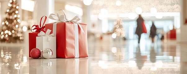 Poster - christmas retail sale event, elegant store displays with a holiday theme, shoppers carrying gift bag