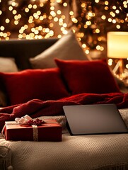 Poster - Online Christmas catalog, tablet screen displaying curated holiday products and gift ideas, cozy and festive setting