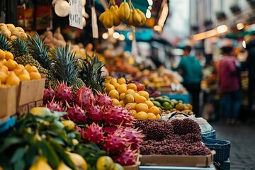 Wall Mural - Fresh fruits at an open market. The vibrant colors and rich textures attract customers. Explore the beauty of local produce. Experience the lively atmosphere. Generative AI