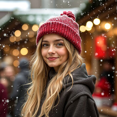 A woman wearing a red hat in the snow