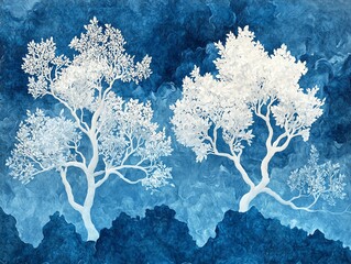 Poster - Two white trees stand out against a dark blue, cloudy sky.