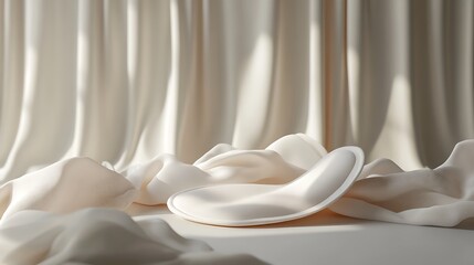 Canvas Print - A minimalist scene featuring a white plate on soft, draped fabric, emphasizing simplicity and elegance.