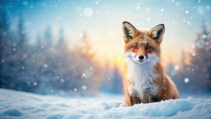 Wall Mural - Cute fox covered in snow A charming and whimsical winter scene , Fox, snow, winter, cute, animal, wildlife, cold, fluffy, white