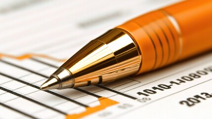 Wall Mural - Close-Up of a Golden Pen on Financial Report with Stock Market Graphs Illustrating Investment Trends and Economic Data Analysis