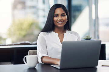 Poster - Portrait, laptop and happy business woman in office for email, editing or research at creative startup. Face, smile and professional on computer, entrepreneur or content writer typing blog in Dubai