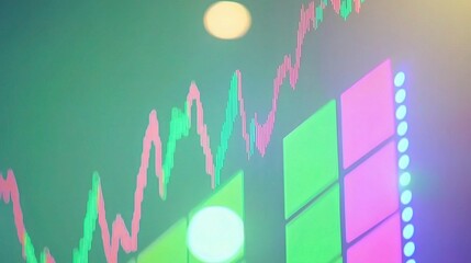 Poster - Colorful Stock Market Data Displayed on a Monitor with Trend Analysis Graphs and Trading Indicators in a Vibrant Visual Setup