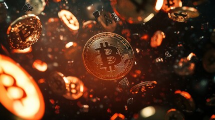 Poster - Floating Bitcoin Coins in a Digital Space