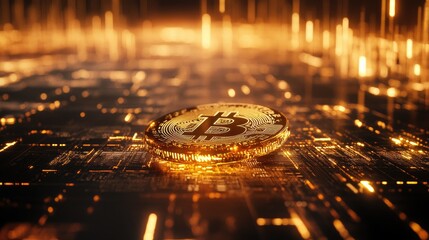 Poster - Digital Bitcoin on Circuit Board Background