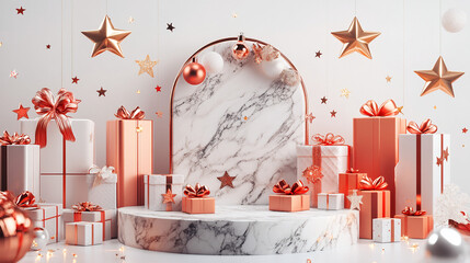 Wall Mural - 3D Christmas Presentation Featuring a Marble Podium Surrounded by Gift Boxes and Stars