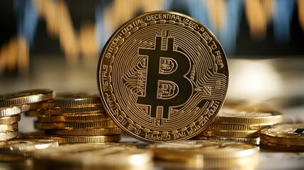 Poster - Golden Bitcoin Coin on a Financial Background