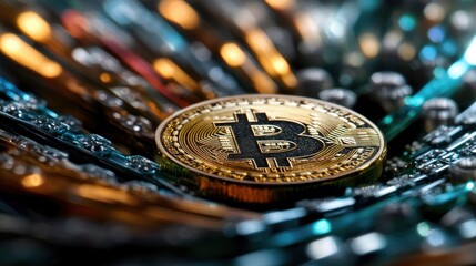 Aufkleber - Bitcoin Currency Surrounded by Colorful Circuits