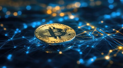 Poster - Golden Bitcoin on Digital Network Background